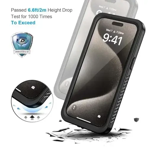 Lanhiem iPhone 15 Pro Max uchun g'ilof, IP68 suv o'tkazmaydigan chang o'tkazmaydigan g'ilof, o'rnatilgan ekran himoyachisi bilan, iPhone 15 Pro Max uchun to'liq korpusli og'ir zarbga chidamli mustahkam telefon g'ilofi - 6,7