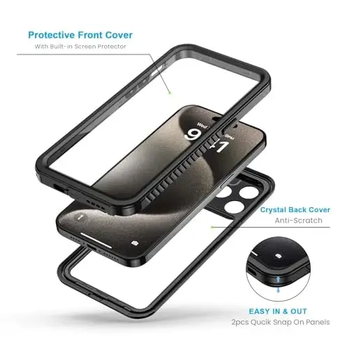 Lanhiem iPhone 15 Pro Max uchun g'ilof, IP68 suv o'tkazmaydigan chang o'tkazmaydigan g'ilof, o'rnatilgan ekran himoyachisi bilan, iPhone 15 Pro Max uchun to'liq korpusli og'ir zarbga chidamli mustahkam telefon g'ilofi - 6,7
