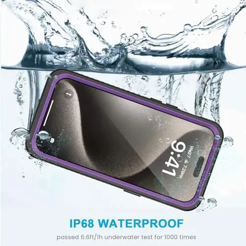 Lanhiem iPhone 15 Pro Max uchun g'ilof, IP68 suv o'tkazmaydigan chang o'tkazmaydigan zarbga chidamli g'iloflar, o'rnatilgan ekran himoyachisi bilan, iPhone 15 Pro Max uchun 360 to'liq korpusli og'ir yuk ko'taruvchi telefon qopqog'i - 6,7 dyuym (binafsha) - LANHIEM (1)