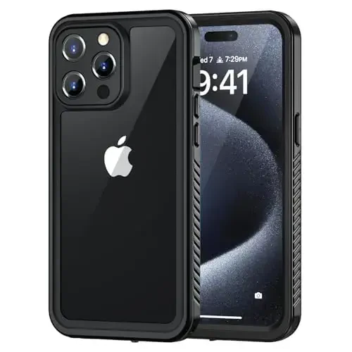 Lanhiem iPhone 15 Pro uchun g'ilof, IP68 suv o'tkazmaydigan chang o'tkazmaydigan zarbga chidamli g'ilof, o'rnatilgan ekran himoyachisi bilan, iPhone 15 Pro uchun to'liq korpusli himoya og'ir yukxalta - 6,1 dyuym (Qora/Shaffof) - 1