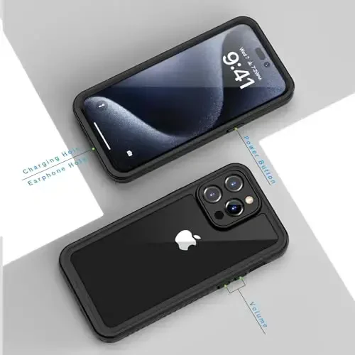 Lanhiem iPhone 15 Pro uchun g'ilof, IP68 suv o'tkazmaydigan chang o'tkazmaydigan zarbga chidamli g'ilof, o'rnatilgan ekran himoyachisi bilan, iPhone 15 Pro uchun to'liq korpusli himoya og'ir yukxalta - 6,1 dyuym (Qora/Shaffof) - 6