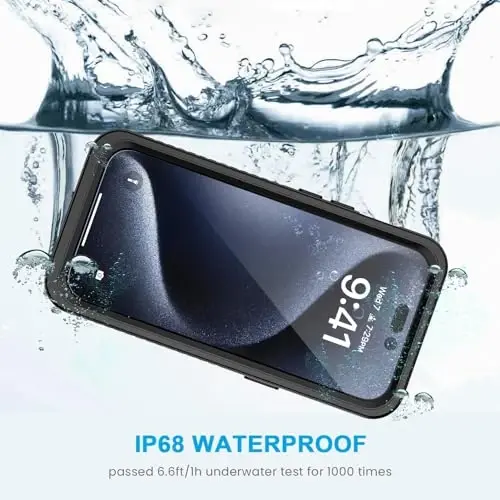 Lanhiem iPhone 15 Pro uchun g'ilof, IP68 suv o'tkazmaydigan chang o'tkazmaydigan zarbga chidamli g'ilof, o'rnatilgan ekran himoyachisi bilan, iPhone 15 Pro uchun to'liq korpusli himoya og'ir yukxalta - 6,1 dyuym (Qora/Shaffof) - 2