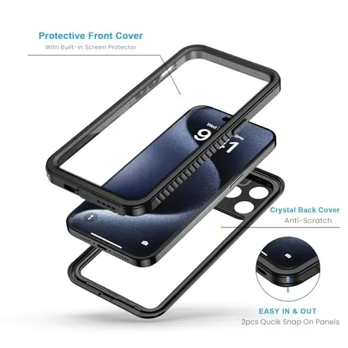 Lanhiem iPhone 15 Pro uchun g'ilof, IP68 suv o'tkazmaydigan chang o'tkazmaydigan zarbga chidamli g'ilof, o'rnatilgan ekran himoyachisi bilan, iPhone 15 Pro uchun to'liq korpusli himoya og'ir yukxalta - 6,1 dyuym (Qora/Shaffof) - 3