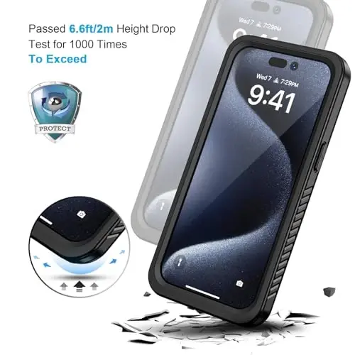 Lanhiem iPhone 15 Pro uchun g'ilof, IP68 suv o'tkazmaydigan chang o'tkazmaydigan zarbga chidamli g'ilof, o'rnatilgan ekran himoyachisi bilan, iPhone 15 Pro uchun to'liq korpusli himoya og'ir yukxalta - 6,1 dyuym (Qora/Shaffof) - 5