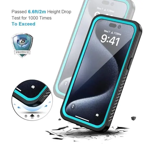 Lanhiem iPhone 15 Pro uchun g'ilof, IP68 suv o'tkazmaydigan chang o'tkazmaydigan zarbga chidamli g'iloflar, o'rnatilgan ekran himoyachisi bilan, iPhone 15 Pro uchun to'liq himoya qiluvchi og'ir yuk ko'taruvchi mustahkam telefon qopqog'i - 6,1 dyuym (ko'k) - 4