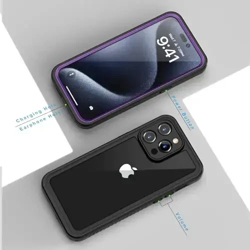 Lanhiem iPhone 15 Pro uchun g'ilof, IP68 suv o'tkazmaydigan chang o'tkazmaydigan zarbga chidamli g'iloflar o'rnatilgan ekran himoyachisi, iPhone 15 Pro uchun to'liq korpusli muhrlangan himoya old va orqa qopqoq - 6,1 dyuym (Binafsha) - 6