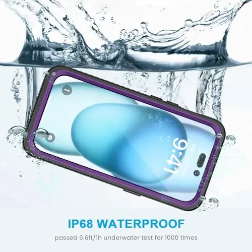 Lanhiem iPhone 15 uchun g‘ilof, IP68 suv o‘tkazmaydigan chang o‘tkazmaydigan zarbga chidamli g‘iloflar, o‘rnatilgan ekran himoyachisi bilan, iPhone 15-6.1 dyuym uchun 360 to‘liq himoya qiluvchi og‘ir yuk ko‘taruvchi telefon qopqog‘i (binafsha) - 2