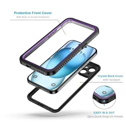 Lanhiem iPhone 15 uchun g‘ilof, IP68 suv o‘tkazmaydigan chang o‘tkazmaydigan zarbga chidamli g‘iloflar, o‘rnatilgan ekran himoyachisi bilan, iPhone 15-6.1 dyuym uchun 360 to‘liq himoya qiluvchi og‘ir yuk ko‘taruvchi telefon qopqog‘i (binafsha) - 3