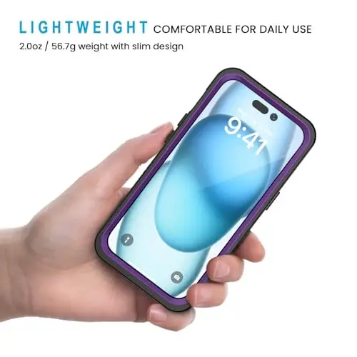 Lanhiem iPhone 15 uchun g‘ilof, IP68 suv o‘tkazmaydigan chang o‘tkazmaydigan zarbga chidamli g‘iloflar, o‘rnatilgan ekran himoyachisi bilan, iPhone 15-6.1 dyuym uchun 360 to‘liq himoya qiluvchi og‘ir yuk ko‘taruvchi telefon qopqog‘i (binafsha) - 4
