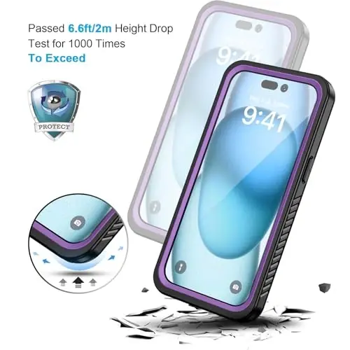 Lanhiem iPhone 15 uchun g‘ilof, IP68 suv o‘tkazmaydigan chang o‘tkazmaydigan zarbga chidamli g‘iloflar, o‘rnatilgan ekran himoyachisi bilan, iPhone 15-6.1 dyuym uchun 360 to‘liq himoya qiluvchi og‘ir yuk ko‘taruvchi telefon qopqog‘i (binafsha) - 5