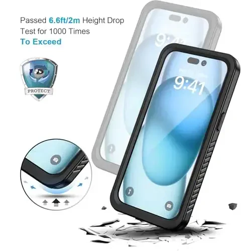 Lanhiem iPhone 15 uchun himoya korpusi, IP68 suv o'tkazmaydigan, chang o'tkazmaydigan, zarbadan himoya qiluvchi, o'rnatilgan ekran himoyachisi bilan, iPhone 15 - 6.1 dyuymli telefon uchun mustahkam himoya qopqoq (Qora/Shaffof) - 5