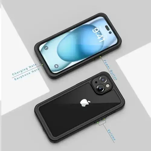 Lanhiem iPhone 15 uchun himoya korpusi, IP68 suv o'tkazmaydigan, chang o'tkazmaydigan, zarbadan himoya qiluvchi, o'rnatilgan ekran himoyachisi bilan, iPhone 15 - 6.1 dyuymli telefon uchun mustahkam himoya qopqoq (Qora/Shaffof) - 6