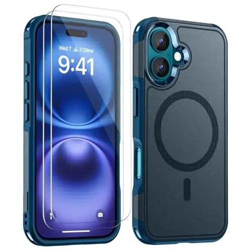 Lanhiem Magnetic for iPhone 16 Case, [2 Pack Tempered Glass Screen Protector][Compatible with MagSafe][10 FT Military Grade Shockproof] Heavy Duty Tough Phone Cover for iPhone 16 (6.1