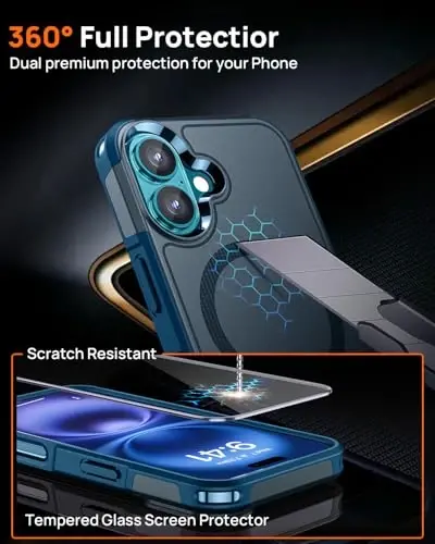 Lanhiem Magnetic for iPhone 16 Case, [2 Pack Tempered Glass Screen Protector][Compatible with MagSafe][10 FT Military Grade Shockproof] Heavy Duty Tough Phone Cover for iPhone 16 (6.1