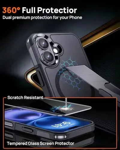 Lanhiem Magnetic for iPhone 16 Case, [2 Pack Tempered Glass Screen Protector][Compatible with MagSafe][10 FT Military Grade Shockproof] Heavy Duty Tough Rugged Phone Cover for iPhone 16 (6.1