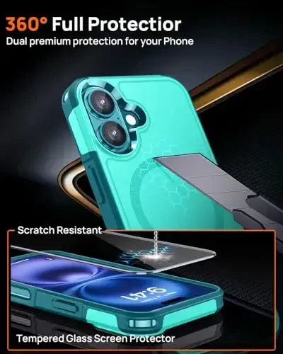 Lanhiem Magnetic for iPhone 16 Case, [2 Pack Tempered Glass Screen Protector][Compatible with MagSafe][10 FT Military Grade Shockproof] Heavy Duty Tough Phone Cover for iPhone 16 (6.1