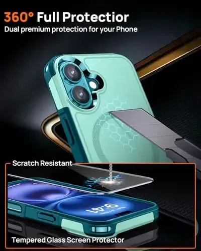 Lanhiem Magnetic for iPhone 16 Case, [2 Pack Tempered Glass Screen Protector][Compatible with MagSafe][10 FT Military Grade Shockproof] Heavy Duty Tough Phone Cover for iPhone 16 (6.1