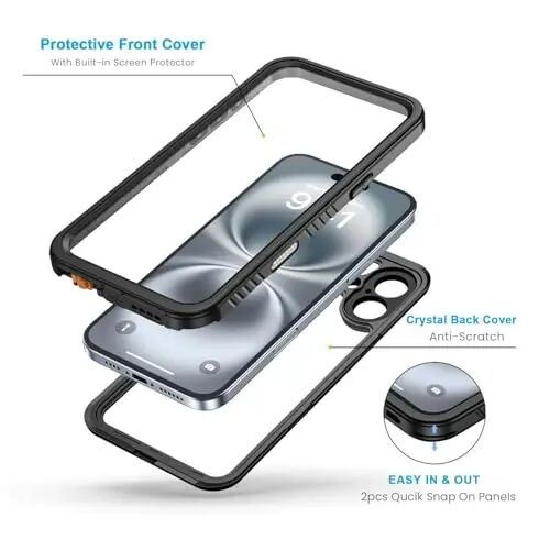 Lanhiem for iPhone 16 Plus Case, IP68 Waterproof Dustproof Shockproof Cases with Built-in Screen Protector, 360 Full Body Heavy Duty Rugged Phone Cover for iPhone 16 Plus - 6.7 inch (Black/Clear) - 3