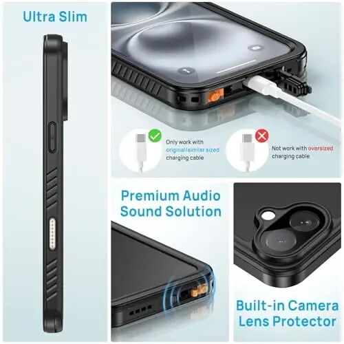 Lanhiem for iPhone 16 Plus Case, IP68 Waterproof Dustproof Shockproof Cases with Built-in Screen Protector, 360 Full Body Heavy Duty Rugged Phone Cover for iPhone 16 Plus - 6.7 inch (Black/Clear) - 5