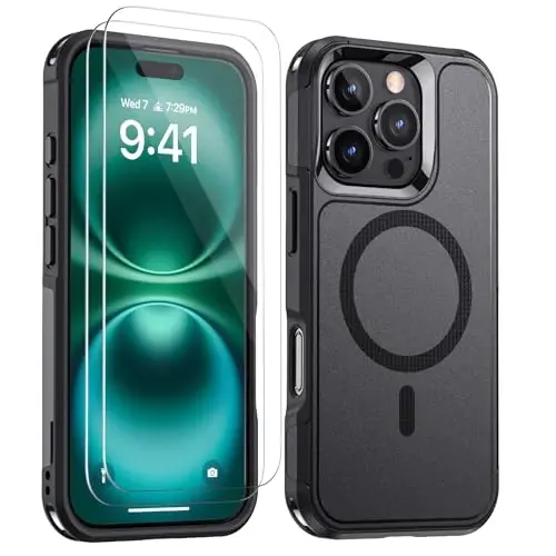 Lanhiem iPhone 16 Pro Case Magnetic, [2 Pack Tempered Glass Screen Protector][MagSafe Compatible][Military Grade Shockproof] Heavy Duty Tough Rugged Cover - Black 