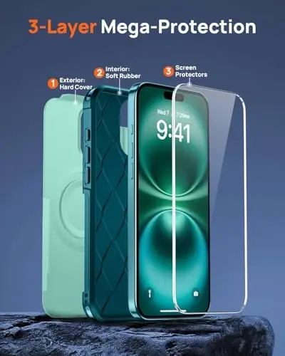 Lanhiem Magnetic for iPhone 16 Pro Case, [2 Pack Tempered Glass Screen Protector][Compatible with MagSafe][Military Grade Shockproof] Heavy Duty Tough Rugged Cover for iPhone 16 Pro (6.3