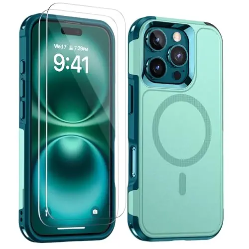 Lanhiem Magnetic for iPhone 16 Pro Case, [2 Pack Tempered Glass Screen Protector][Compatible with MagSafe][Military Grade Shockproof] Heavy Duty Tough Rugged Cover for iPhone 16 Pro (6.3
