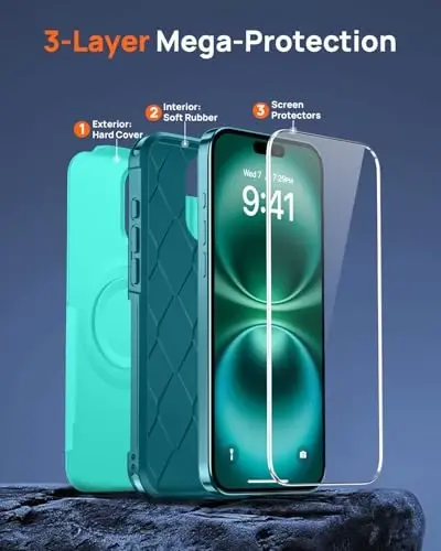 Lanhiem Magnetic for iPhone 16 Pro Case, [2 Pack Tempered Glass Screen Protector][Compatible with MagSafe][Military Grade Shockproof] Heavy Duty Tough Rugged Cover for iPhone 16 Pro (6.3