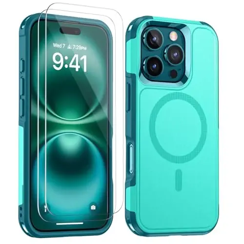 Lanhiem Magnetic for iPhone 16 Pro Case, [2 Pack Tempered Glass Screen Protector][Compatible with MagSafe][Military Grade Shockproof] Heavy Duty Tough Rugged Cover for iPhone 16 Pro (6.3