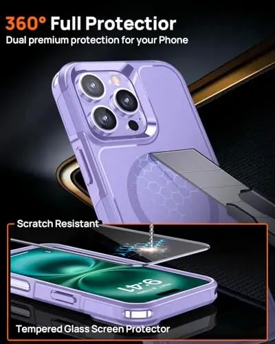 Lanhiem Magnetic for iPhone 16 Pro Case, [2 Pack Tempered Glass Screen Protector][Compatible with MagSafe][Military Grade Shockproof] Heavy Duty Tough Rugged Cover for iPhone 16 Pro (6.3