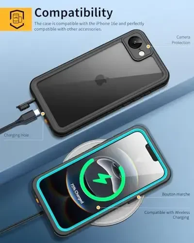 Lanhiem for iPhone 16e Case, IP68 Waterproof Dustproof Shockproof Cases with Built-in Screen Protector, 360 Full Body Protective Heavy Duty Rugged Phone Cover for iPhone 16e 2025 6.1 inch (Blue) - 6