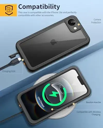 Lanhiem for iPhone 16e Case, IP68 Waterproof Dustproof Shockproof Cases with Built-in Screen Protector, 360 Full Body Protective Heavy Duty Rugged Phone Cover for iPhone 16e 2025 6.1 inch (Black) - 6