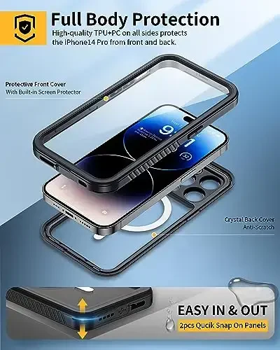 Lanhiem Magnetic для iPhone 14 Pro Max Case, Waterproof Dustproof Case with Built-in Screen Protector Compatible with Magsafe, Full Body Protective Cover for iPhone 14 Pro Max 6.7 inch -Black - 4