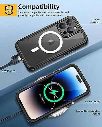 Lanhiem Magnetic для iPhone 14 Pro Max Case, Waterproof Dustproof Case with Built-in Screen Protector Compatible with Magsafe, Full Body Protective Cover for iPhone 14 Pro Max 6.7 inch -Black - 6
