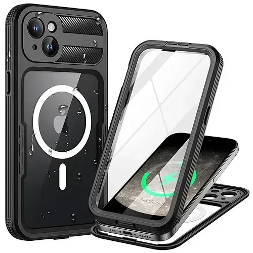 Lanhiem Magnetic для iPhone 15 Plus, IP68 водонепроницаемый пылезащитный чехол, [совместим с Magsafe] [встроенная защита экрана] Прочный чехол для телефона 6,7 дюйма, черный/прозрачный - LANHIEM