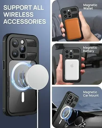 Lanhiem Magnetic для iPhone 15 Pro Max, IP68 водонепроницаемый пыленепроницаемый чехол, [совместим с Magsafe] [встроенная защита экрана] Прочный чехол для телефона 6,7 дюйма, черный/прозрачный - 3