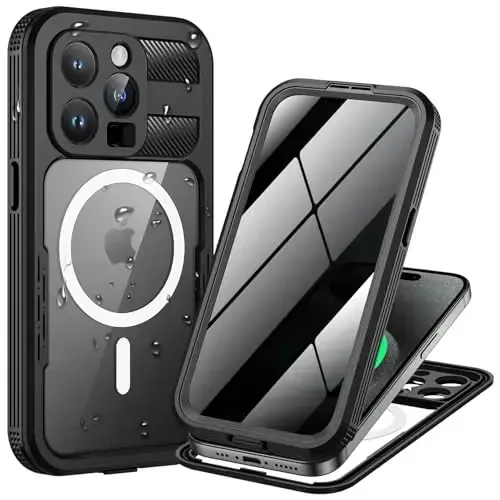 Lanhiem Magnetic для iPhone 15 Pro Max Водонепроницаемый чехол, встроенная защитная пленка для экрана, совместим с MagSafe, полноразмерный чехол для телефона Anti-Spy для iPhone 15 Pro Max 6,7 дюйма, черный - LANHIEM