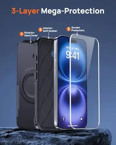 Lanhiem Magnetic для iPhone 16 Case, [2 Pack Tempered Glass Screen Protector][Compatible with MagSafe][10 FT Military Grade Shockproof] Heavy Duty Tough Rugged Phone Cover for iPhone 16 (6.1