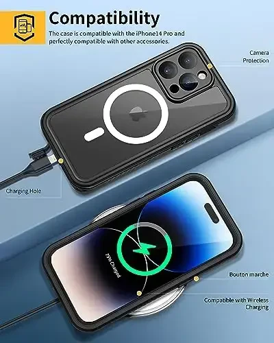 Lanhiem Magnetic for iPhone 14 Pro Max Case, iPhone 14 Pro Max uchun suv o'tkazmaydigan chang o'tkazmaydigan g'ilof, Magsafe bilan mos keladigan o'rnatilgan ekran himoyachisi, iPhone 14 Pro Max 6.7 dyuym -Qora uchun to'liq himoya qopqog'i - 6