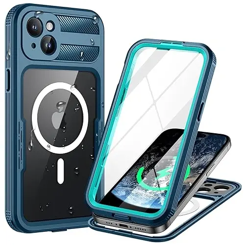 Lanhiem Magnetic for iPhone 15 Case, IP68 Suv o'tkazmaydigan chang o'tkazmaydigan g'ilof, [Magsafe bilan mos] [O'rnatilgan ekran himoyachisi] To'liq korpusli og'ir yuk ko'taruvchi telefon qopqog'i 6.1 dyuym, Moviy/Shaffof - 1