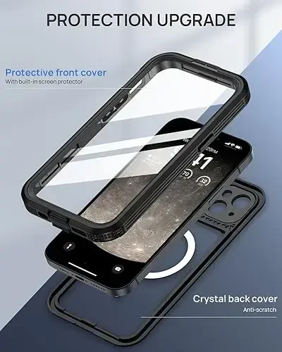 Lanhiem Magnetic for iPhone 15 Plus Case, IP68 Waterproof Dustproof Case, [Compatible with Magsafe] [Built-in Screen Protector] Full Body Heavy Duty Rugged Phone Cover 6.7 inch, Black/Clear - 6