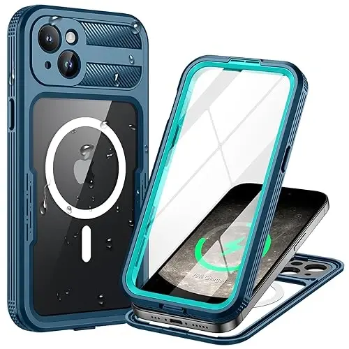 Lanhiem Magnetic for iPhone 15 Plus Case, IP68 Waterproof Dustproof Case, [Compatible with Magsafe] [Built-in Screen Protector] Full Body Heavy Duty Rugged Phone Cover 6.7 inch, Blue/Clear - 3