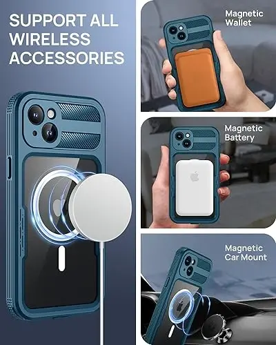 Lanhiem Magnetic for iPhone 15 Plus Case, IP68 Waterproof Dustproof Case, [Compatible with Magsafe] [Built-in Screen Protector] Full Body Heavy Duty Rugged Phone Cover 6.7 inch, Blue/Clear - 5