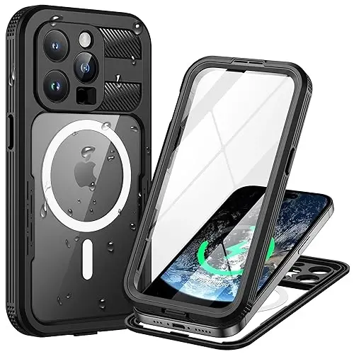 Lanhiem Magnetic for iPhone 15 Pro Case, IP68 Suv o'tkazmaydigan chang o'tkazmaydigan g'ilof, [Magsafe bilan mos] [O'rnatilgan ekran himoyachisi] To'liq korpusli og'ir yuk ko'taradigan telefon qopqog'i 6.1 dyuym, qora - 1
