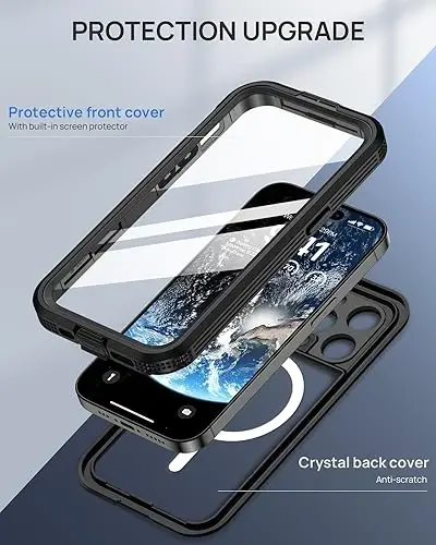 Lanhiem Magnetic for iPhone 15 Pro Case, IP68 Suv o'tkazmaydigan chang o'tkazmaydigan g'ilof, [Magsafe bilan mos] [O'rnatilgan ekran himoyachisi] To'liq korpusli og'ir yuk ko'taradigan telefon qopqog'i 6.1 dyuym, qora - 6