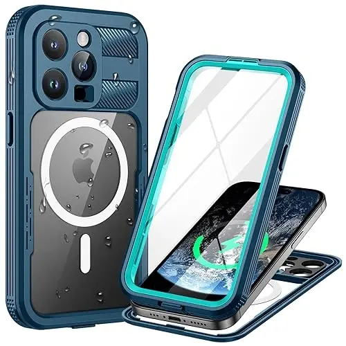Lanhiem Magnetic for iPhone 15 Pro Case, IP68 suv o'tkazmaydigan chang o'tkazmaydigan g'ilof, [Magsafe bilan mos] [O'rnatilgan ekran himoyachisi] To'liq korpusli og'ir yuk ko'taruvchi telefon qopqog'i 6,1 dyuym, Moviy/Shaffof - LANHIEM