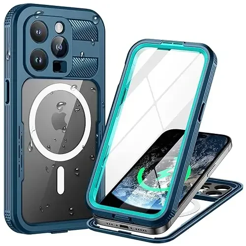 Lanhiem Magnetic for iPhone 15 Pro Case, IP68 Waterproof Dustproof Case, [Compatible with Magsafe] [Built-in Screen Protector] Full Body Heavy Duty Rugged Phone Cover 6.1 inch, Blue/Clear 