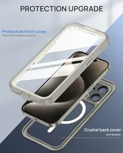Lanhiem Magnetic for iPhone 15 Pro Case, IP68 Waterproof Dustproof Case, [Compatible with Magsafe] [Built-in Screen Protector] Full Body Heavy Duty Rugged Phone Cover 6.1 inch, Natural - 6