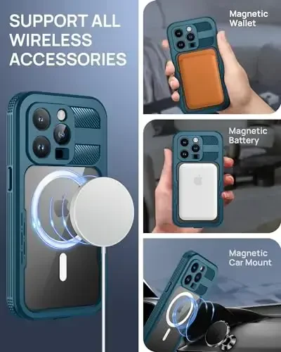Lanhiem Magnetic for iPhone 15 Pro Max Case, IP68 suv o'tkazmaydigan chang o'tkazmaydigan g'ilof, [Magsafe bilan mos keladi] [O'rnatilgan ekran himoyachisi] To'liq korpusli og'ir yuk ko'taruvchi telefon qopqog'i 6,7 dyuym, ko'k/shaffof - 3