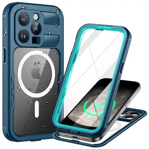 Lanhiem Magnetic for iPhone 15 Pro Max Case, IP68 suv o'tkazmaydigan chang o'tkazmaydigan g'ilof, [Magsafe bilan mos keladi] [O'rnatilgan ekran himoyachisi] To'liq korpusli og'ir yuk ko'taruvchi telefon qopqog'i 6,7 dyuym, ko'k/shaffof 