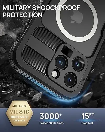 Lanhiem Magnetic iPhone 15 Pro Max uchun g'ilof, IP68 suv o'tkazmaydigan chang o'tkazmaydigan g'ilof, [Magsafe bilan mos keladi] [O'rnatilgan ekran himoyachisi] To'liq korpusli og'ir yuk ko'taruvchi telefon qopqog'i 6,7 dyuym, qora/shaffof - 4